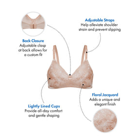 Floral Jacquard Wireless Soft Cup Bra with Lightly-Lined Cups